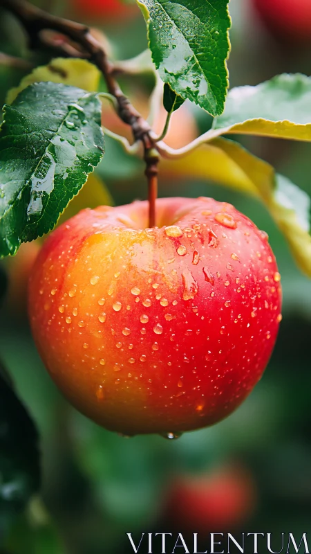Ripe red apple hangs after rain in lush green orchard light