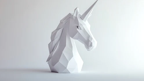 Quiet geometric unicorn bust glows in soft white light
