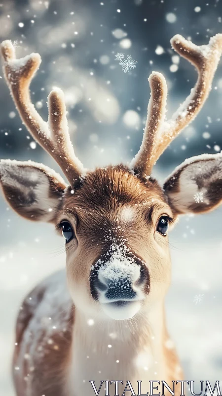 Young reindeer stands in falling snow with frost on antlers