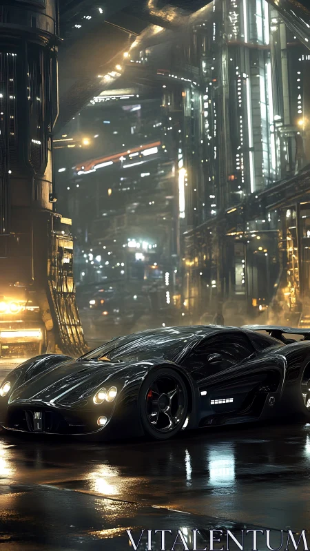 Sleek black supercar waits under neon lights in rainy city