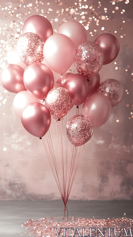 Pink metallic balloons float with glitter bokeh backdrop.