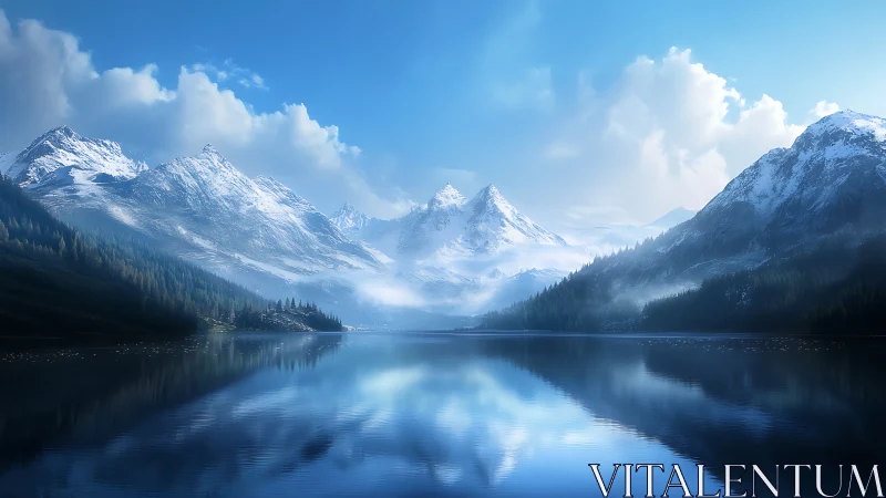 Snow-capped mountains rise over a glassy alpine lake at dawn