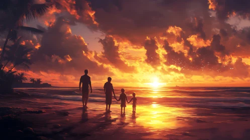 Digital painting of family walking a luminous sunset shoreline.