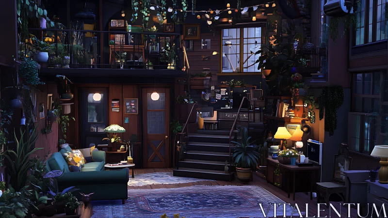 Cozy loft studio glows with layered warm ambient light.