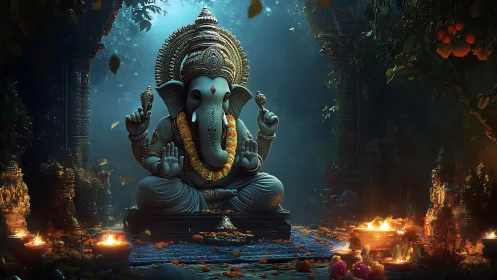 Ganesha statue in ornate shrine with ritual lamps lit.