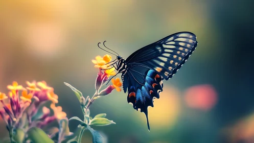 Butterfly pause among softly glowing garden blossoms.