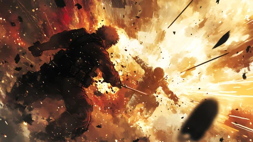 Explosive battlefield clash between soldiers in blazing chaos.