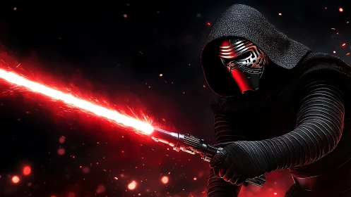 Masked cloaked figure wielding red energy sword in darkness.