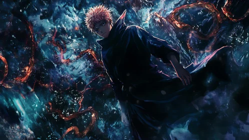 Storm-lit anime sorcerer amid swirling crimson tendrils.