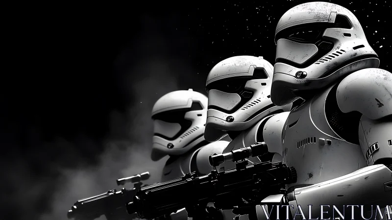 Armored sci fi soldiers stand ready in cinematic darkness