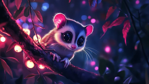 Digital painting of neon forest creature with luminous bokeh focus.