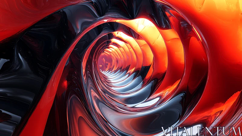 Curved metallic tunnel with red and black reflective forms.