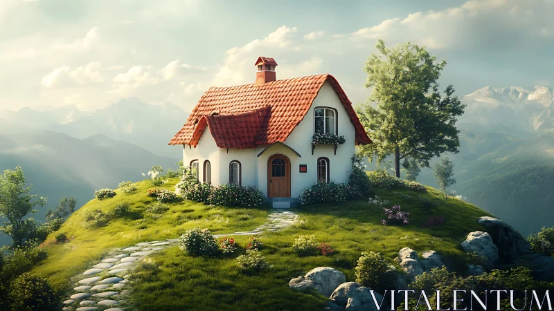 Idyllic cottage with red tiled roof crowns a sunlit hilltop