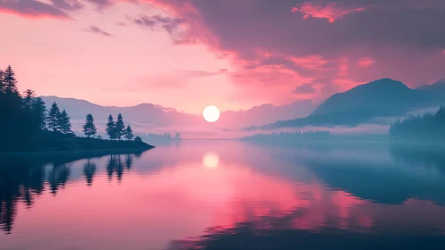 Cotton-candy sunrise over mist-laced mountain lake mirror.