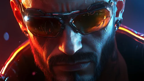 Cybernetic enforcer portrait uses hard rim lighting and metallic optics