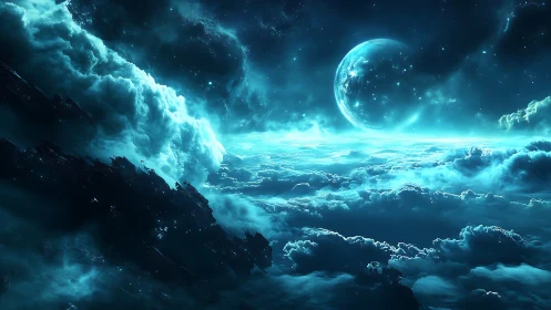 Moonlit clouds drifting through a glowing cosmic sea.
