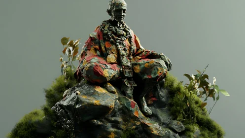 Weathered monk sculpture in mossy natural setting.