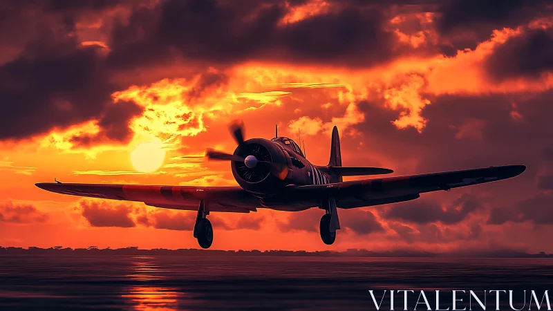 Warbird silhouette crossing molten sunset horizon.