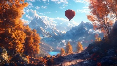 Autumn alpine valley with hot air balloon over glacial lake