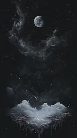 Monochrome lunar sky above abstract cloudborne portal