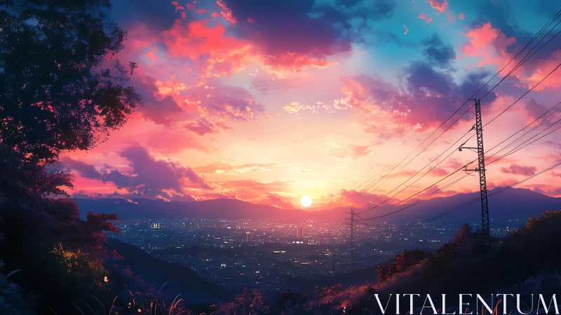 Electric skyline at sunset above glowing valley cityscape.