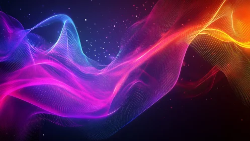 Neon light waves flow across a dark space in vivid motion