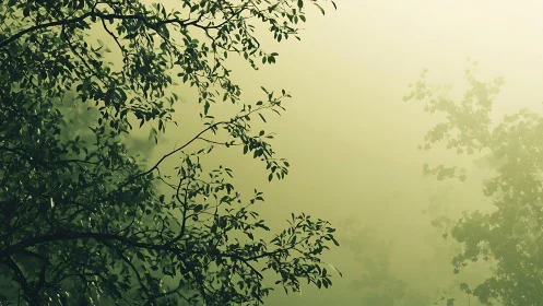 Tranquil forest branches in morning mist, atmospheric nature scene.
