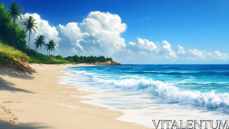 Tropical shoreline with palm trees, surf, and cloud formations.