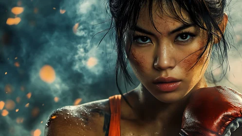 Determined Boxer in Rain with Fierce Expression.