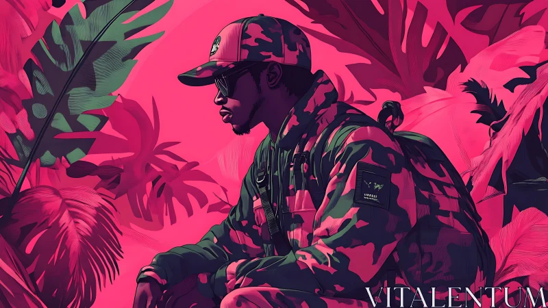 Soldier in neon jungle camouflage sits amid oversized foliage
