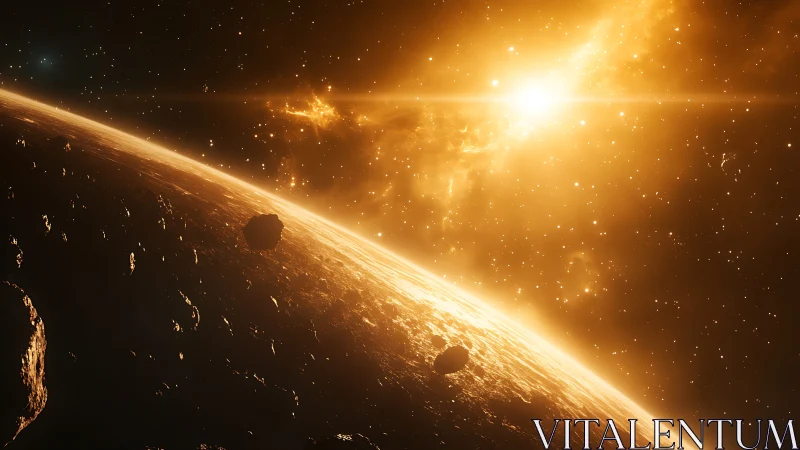 Curved planet surface with asteroids lit by intense star glow