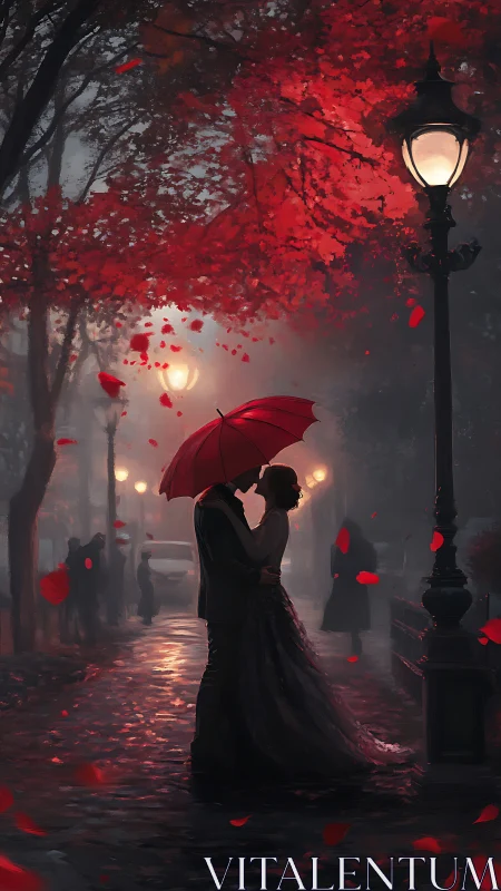 Figure with Red Umbrella in Autumn Street Scene