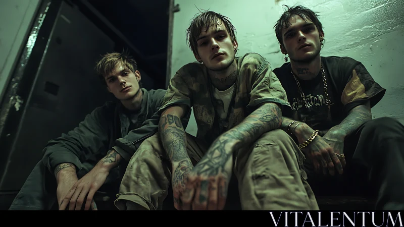 Three inked misfits claim the dim stairwell like a throne