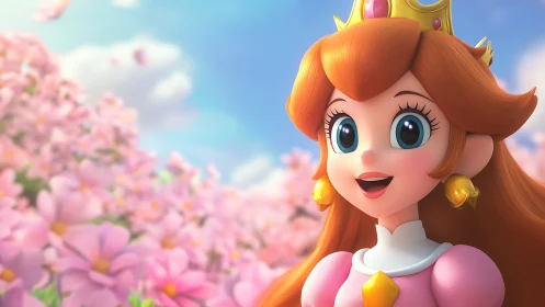 Joyful cartoon princess smiles amid soft pink spring blossoms