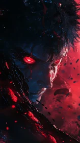 Demonic warrior portrait with glowing red eyes and molten void.
