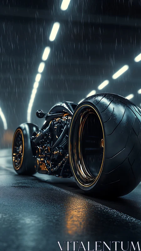 Futuristic wide-tire motorcycle in wet neon tunnel rain.