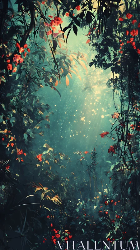 Enchanted jungle understory bathed in volumetric light rays