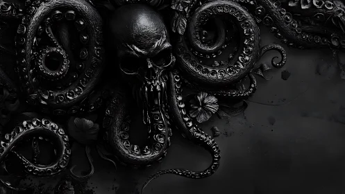 Monochrome skull and tentacle composition on dark field.