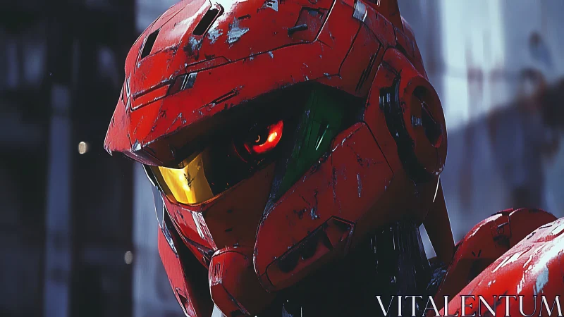 Scarred red mech tilts its visor toward the coming storm