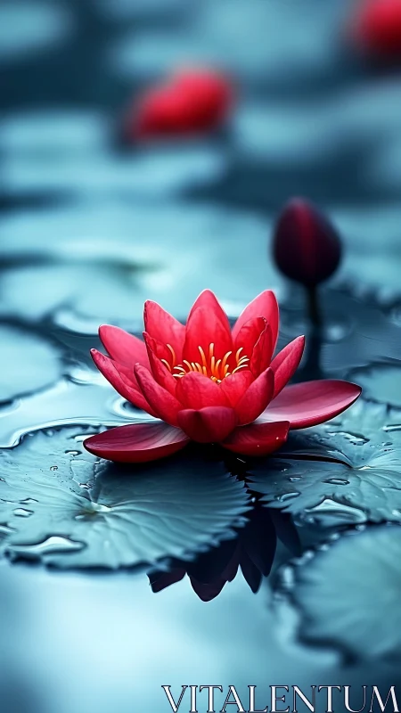 Red Water Lily Floating in Blue Pond Water.