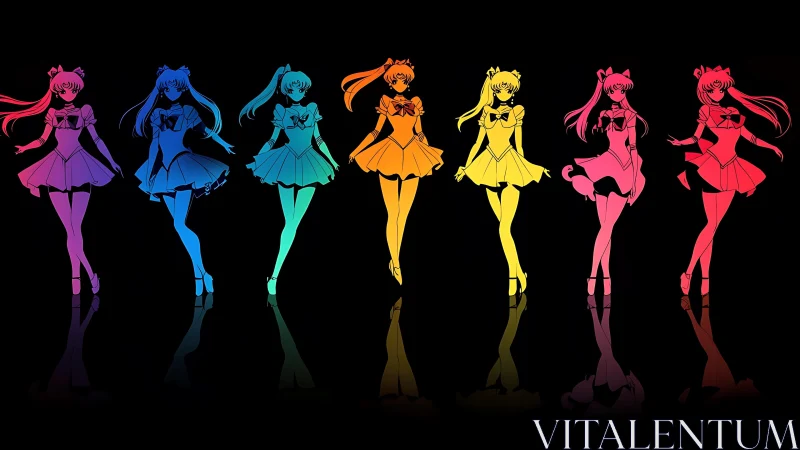 Colorful silhouettes of seven anime magical girls in line