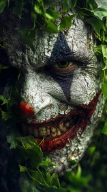 Creepy cracked clown face emerging through dense ivy foliage.