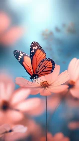 Butterfly rests on pastel blossom in dreamy spring light