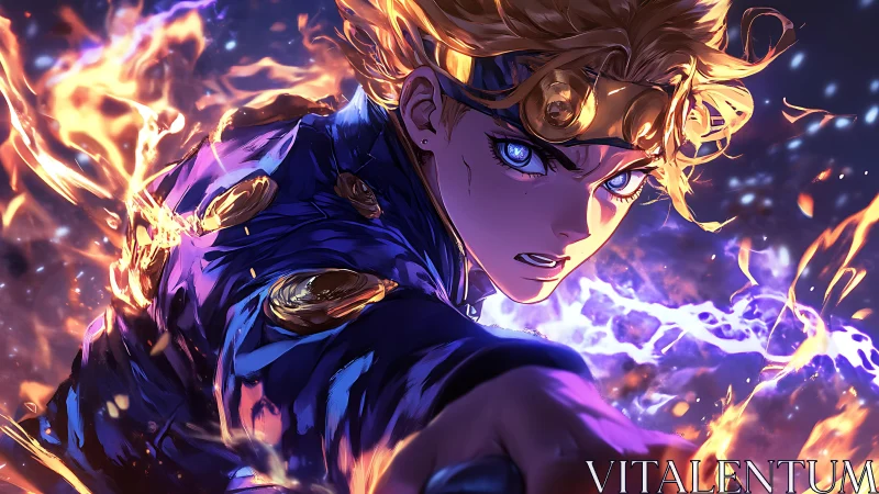 Blond anime warrior unleashing blazing elemental power.