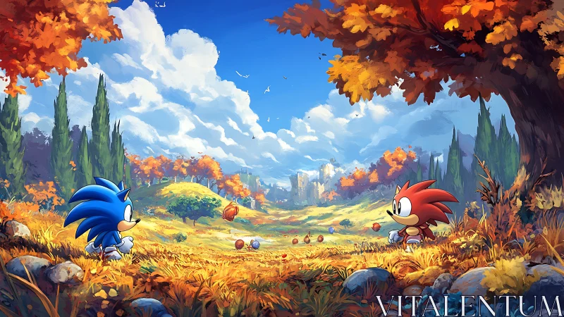 Color-contrasted hedgehog characters in saturated autumn valley landscape