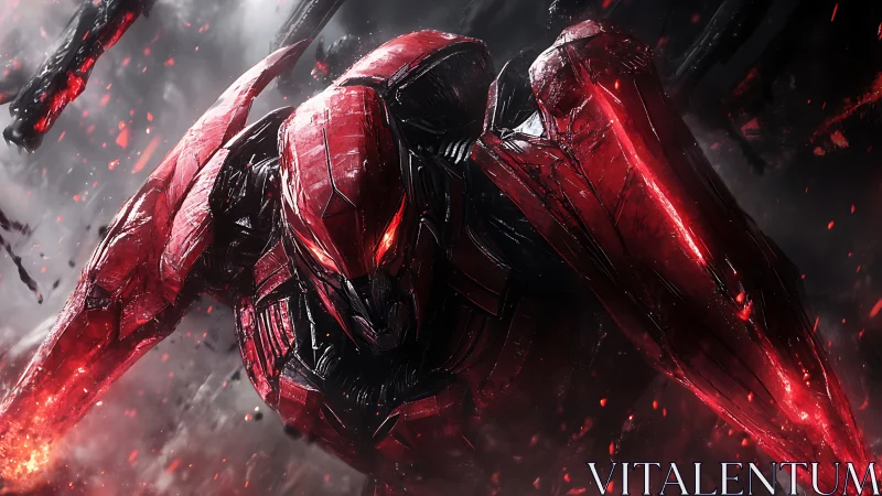 Red armored mech charges forward in glowing battle scene.