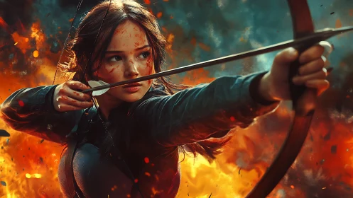 Fiery archer in dynamic draw amid explosive battlefield.