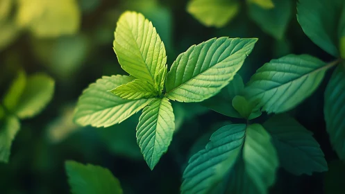 Macro botanical study of fresh green leaves in soft bokeh field
