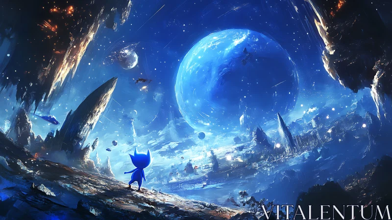 Tiny blue explorer gazes across a luminous alien cosmos.