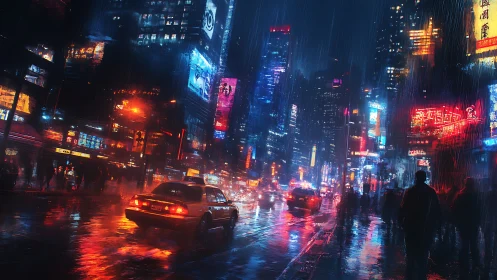 Neon city street in heavy rain with taxis and silhouettes.